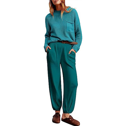 Women’s Two-Piece Set – Knitted Long Sleeve Top – Elastic Waist Jogger Trousers – Relaxed Fit