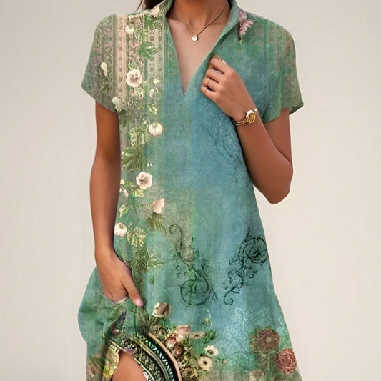 Women’s Maxi Dress – Bohemian Print – Cotton Blend – Loose Fit – Short Sleeve
