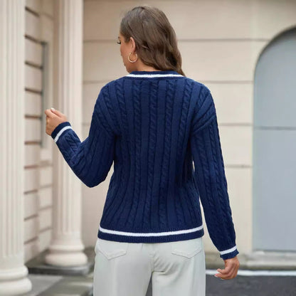 Women’s V-Neck Sweater – Relaxed Fit – Cable Knit – Ribbed Hem – Soft Textured Feel