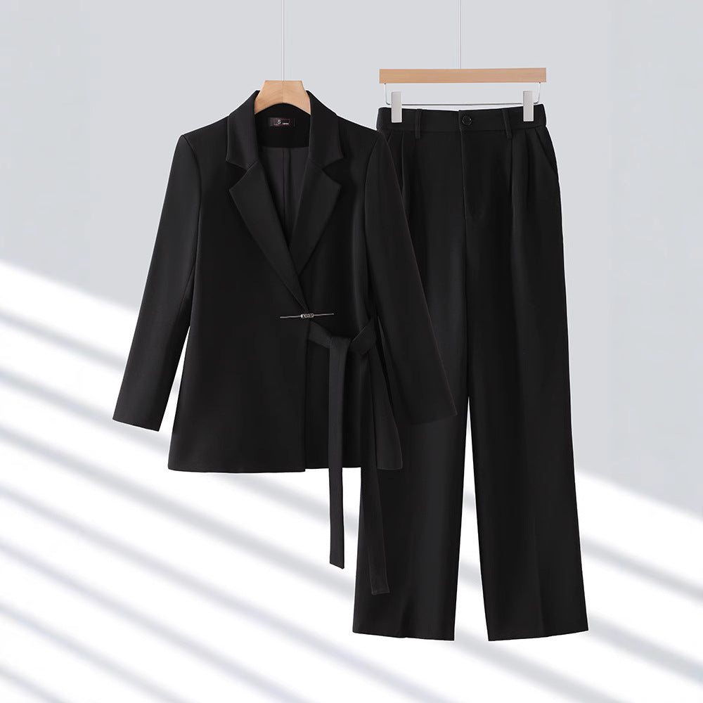 Women’s Blazer Set – Tailored Fit – Belted Waist – Wide-Leg Trousers