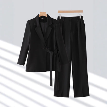 Women’s Blazer Set – Tailored Fit – Belted Waist – Wide-Leg Trousers