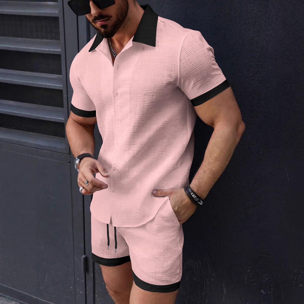 Men’s Shirt and Shorts Set – Jacquard – Relaxed Fit – Lapel Collar – Drawstring Waist