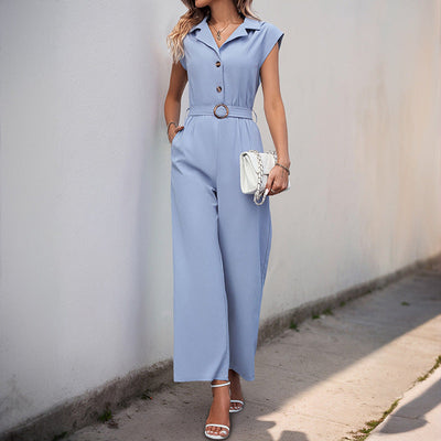 Women’s Sleeveless Jumpsuit – Belted Waist – Shirt Collar – Straight Full-Length Leg