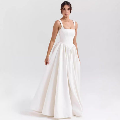 Women’s Maxi Dress – Breathable Cotton – A-Line Fit – Square Neck – Wide Straps