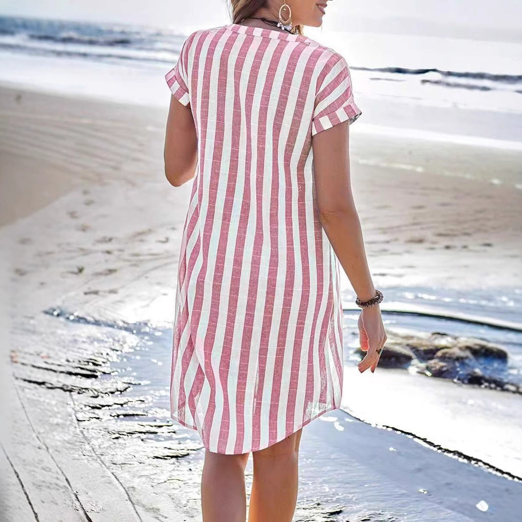 Women’s Shirt Dress – Relaxed Fit – V-Neck – Vertical Stripes – Button Front – Knee Length – Breathable Blend