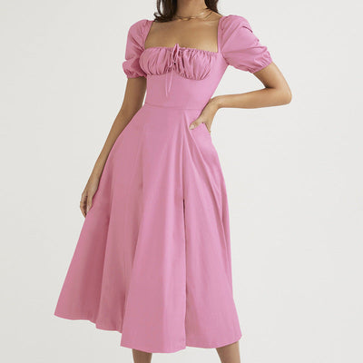 Women’s Midi Dress – Off-Shoulder – Puff Sleeve – Tie Neck – High Slit A-Line Fit