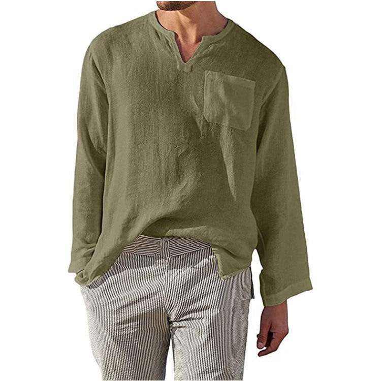 Men’s Long Sleeve Shirt – Linen Cotton Blend – Relaxed Fit – Band Collar Casual