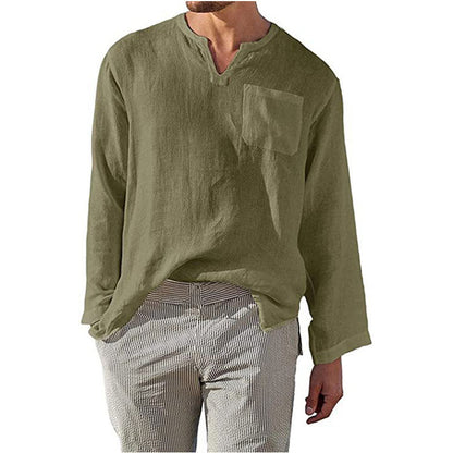Men’s Long Sleeve Shirt – Linen Cotton Blend – Relaxed Fit – Band Collar Casual