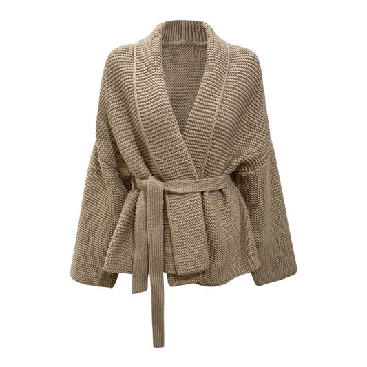 Women’s Cardigan – Chunky Knit – Oversized Fit – Waist Tie – Mid-Length Wool Layer