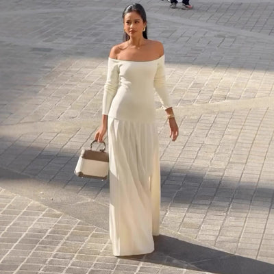 Women’s Off-Shoulder Dress – Fitted Bodice – Long Sleeve – Pleated Full-Length Skirt