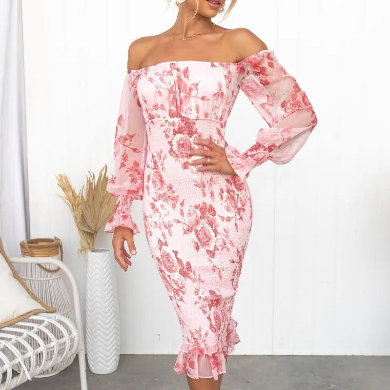 Women's Off-Shoulder Bodycon Dress - Floral Print - Sheer Puff Sleeves - Ruffled Hem