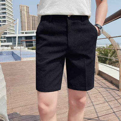 Men’s Slim Fit Shorts – Textured Woven Fabric – Button Waist – Knee Length – Belt Loops