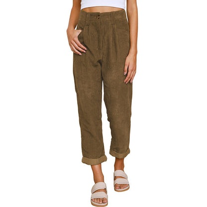 Women’s Corduroy Trousers – High Waist – Relaxed Fit – Pleated Front – Tapered Leg