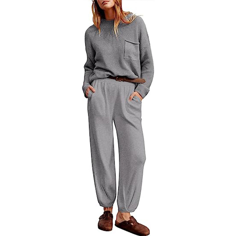 Women’s Two-Piece Set – Knitted Long Sleeve Top – Elastic Waist Jogger Trousers – Relaxed Fit