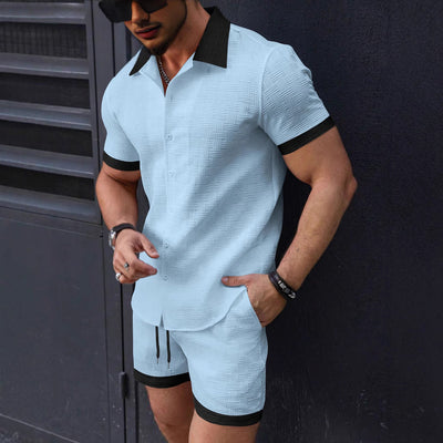 Men’s Shirt and Shorts Set – Jacquard – Relaxed Fit – Lapel Collar – Drawstring Waist