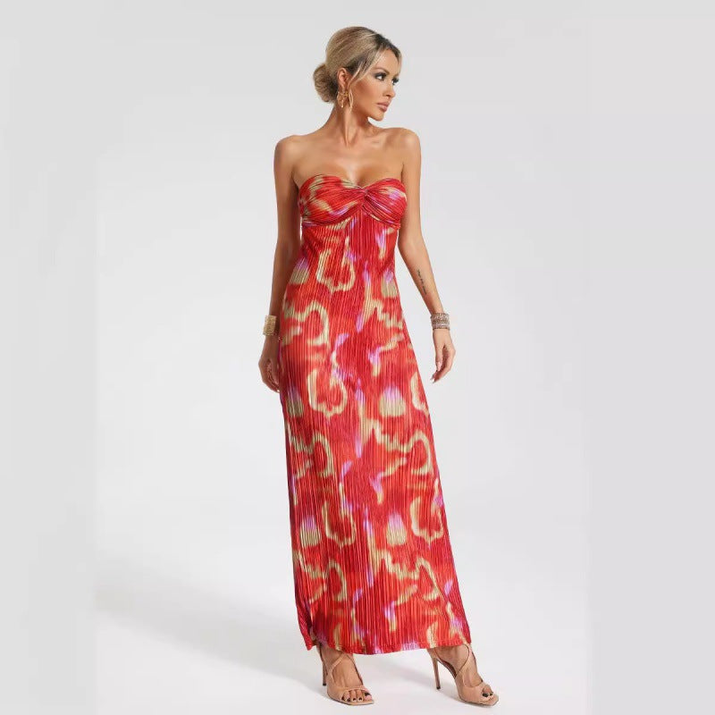 Women’s Maxi Dress – Strapless Slim Fit – Pleated Texture – Abstract Print