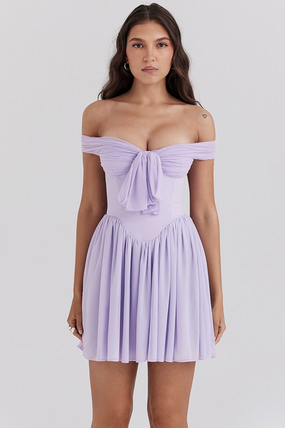 Women’s Mini Dress – Off Shoulder – Fit and Flare – Bow Front – Lightweight Elegant Wear
