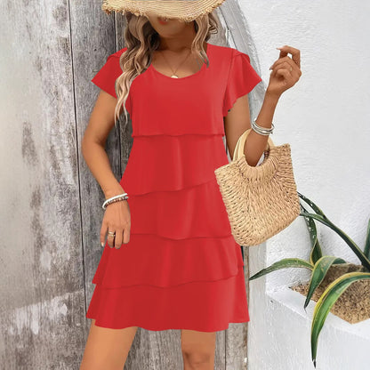 Women’s Dress – Relaxed Fit – Tiered Ruffled A-Line – Short Sleeve – Breathable Blend