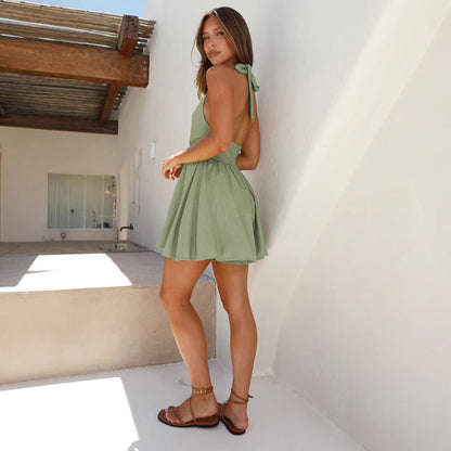 Women’s Mini Dress – Cotton Linen Blend – Halter Neck – Open Back – Flared Skirt