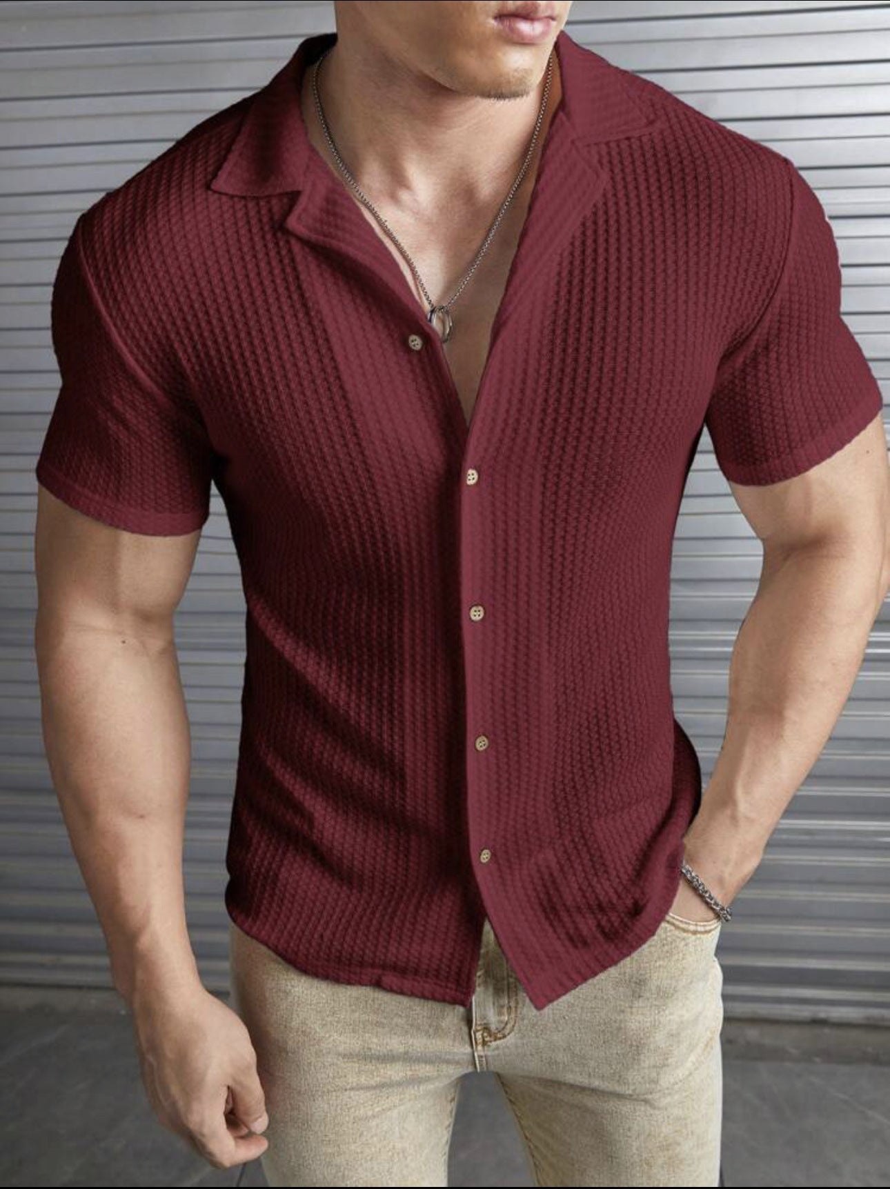 Men’s T-Shirt – Slim Fit – Waffle Knit – Button Front – Classic Collar – Short Sleeve
