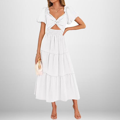 Women’s Long Dress – V-Neck – Puff Sleeve – Smocked Waist – Tiered A-Line Skirt
