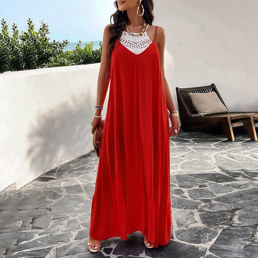 Women’s Maxi Dress – A-Line Fit – V-Neck Lace – Lightweight Cotton Blend – Sleeveless