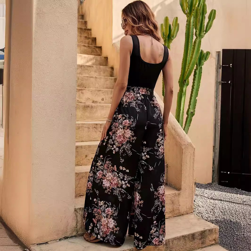 Women’s Jumpsuit – Floral Print – Sleeveless – Relaxed Fit – Full Length – Defined Waist
