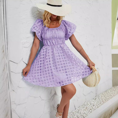 Women’s Mini Dress – Puff Sleeves – Square Neck – Gathered Waist – Textured Breathable Blend