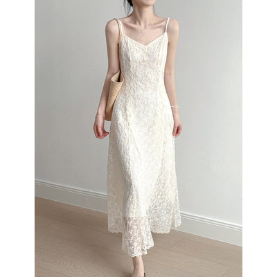 Women’s Maxi Dress – Slim Fit – Lace Embroidered – Spaghetti Straps – V-Neckline