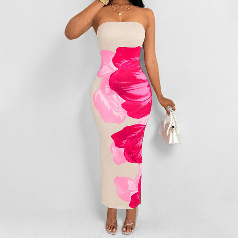 Women’s Strapless Dress – Slim Fit – Full Length – Bold Floral Print – Evening Wear
