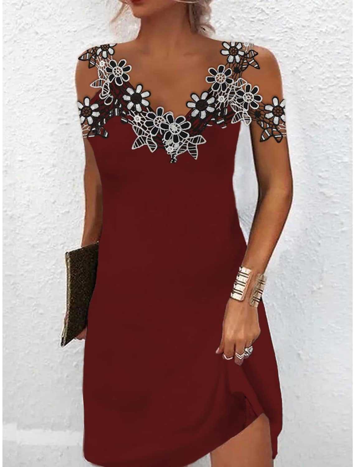 Women’s Mini Dress – Slim Fit – Luxury Fabric – V-Neck – Embroidered Lace – Sleeveless