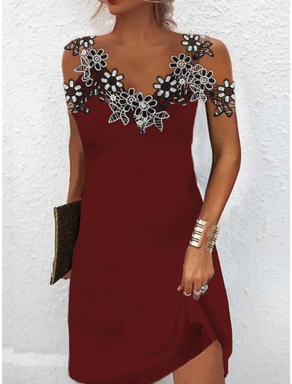 Women’s Mini Dress – Slim Fit – Luxury Fabric – V-Neck – Embroidered Lace – Sleeveless
