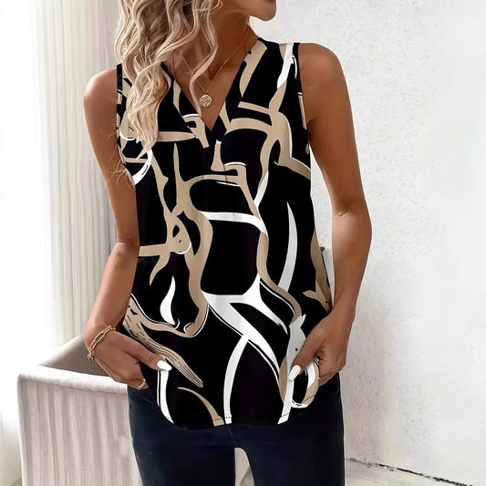 Women’s Sleeveless Top – V-Neck – Relaxed Fit – Abstract Print – Lightweight Fabric