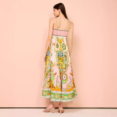 Women’s Midi Dress – Smocked Bodice – A-Line Fit – Spaghetti Straps – Cotton Blend