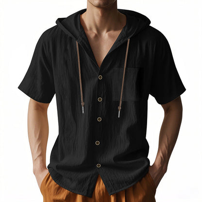 Men’s Hooded Shirt – Linen Blend – Relaxed Fit – Short Sleeve – Button-Up Casual Top