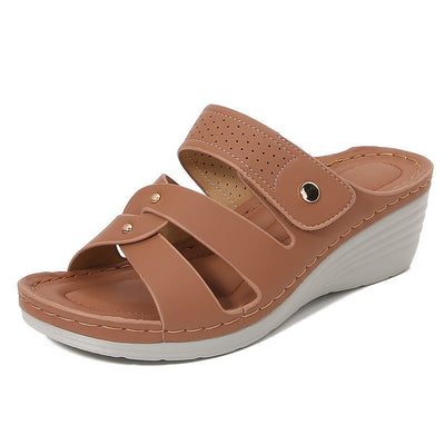 Women’s Wedge Sandals – Open Toe – Slip-On – Rivet Strap – Cushioned Insole