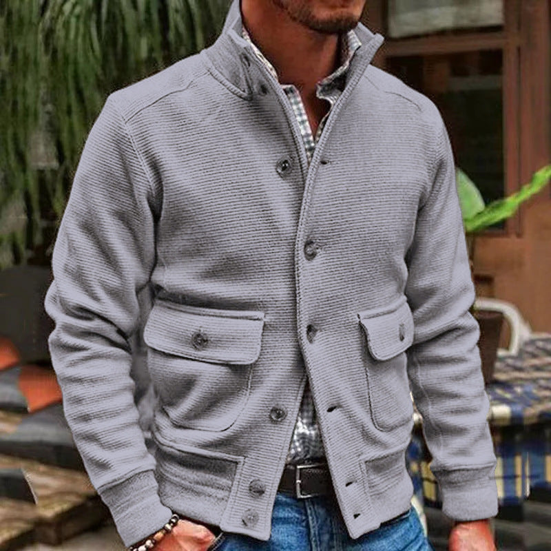 Men’s Jacket – Slim Fit – Textured Fabric – High Collar – Button Front – Flap Pockets