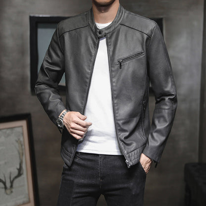 Men’s Biker Jacket – Slim Fit Leather – Stand Collar – Zippered Cuffs and Pockets