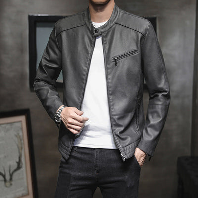 Men’s Biker Jacket – Slim Fit Leather – Stand Collar – Zippered Cuffs and Pockets