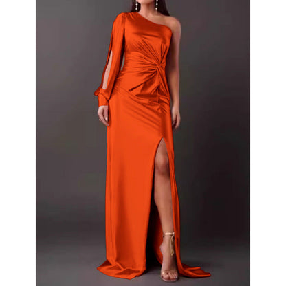 Women’s Maxi Dress – Satin Finish – One Shoulder – High Slit – Ruched Waist – Slim Fit