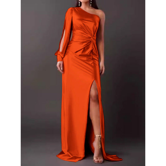 Women’s Maxi Dress – Satin Finish – One Shoulder – High Slit – Ruched Waist – Slim Fit