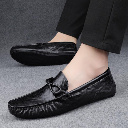 Men’s Leather Loafers – Slip-On Design – Decorative Tie – Printed Detailing