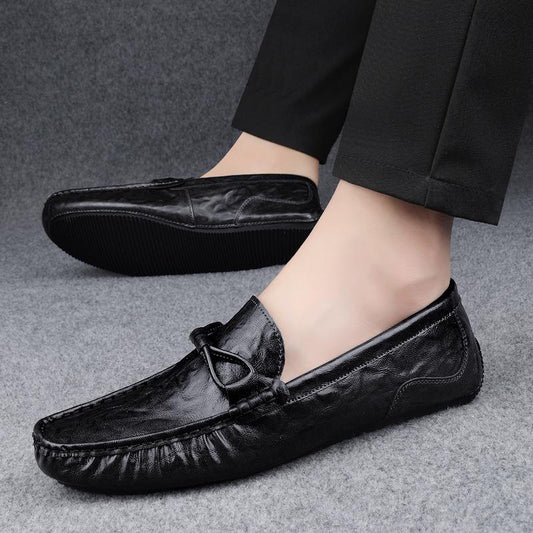 Men’s Leather Loafers – Slip-On Design – Decorative Tie – Printed Detailing