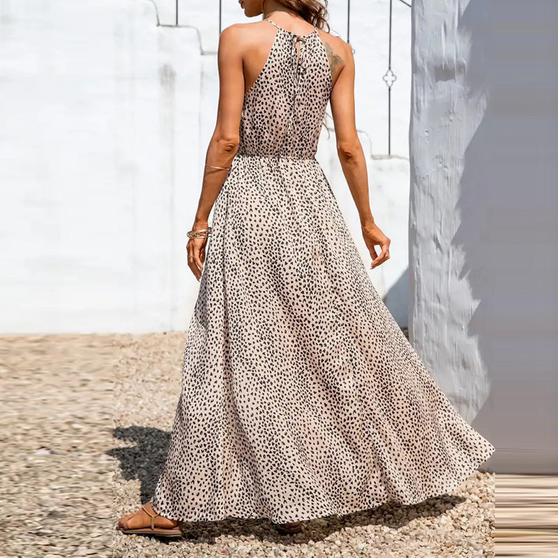 Women’s Halter Neck Dress – A-Line Fit – Polka Dot – High Slit – Sleeveless Elegant Style