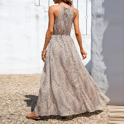 Women’s Halter Neck Dress – A-Line Fit – Polka Dot – High Slit – Sleeveless Elegant Style