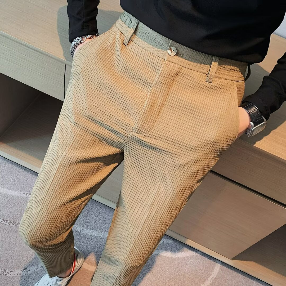 Men’s Cropped Trousers – Slim Fit – Textured Fabric – Tapered Leg – Smart Casual