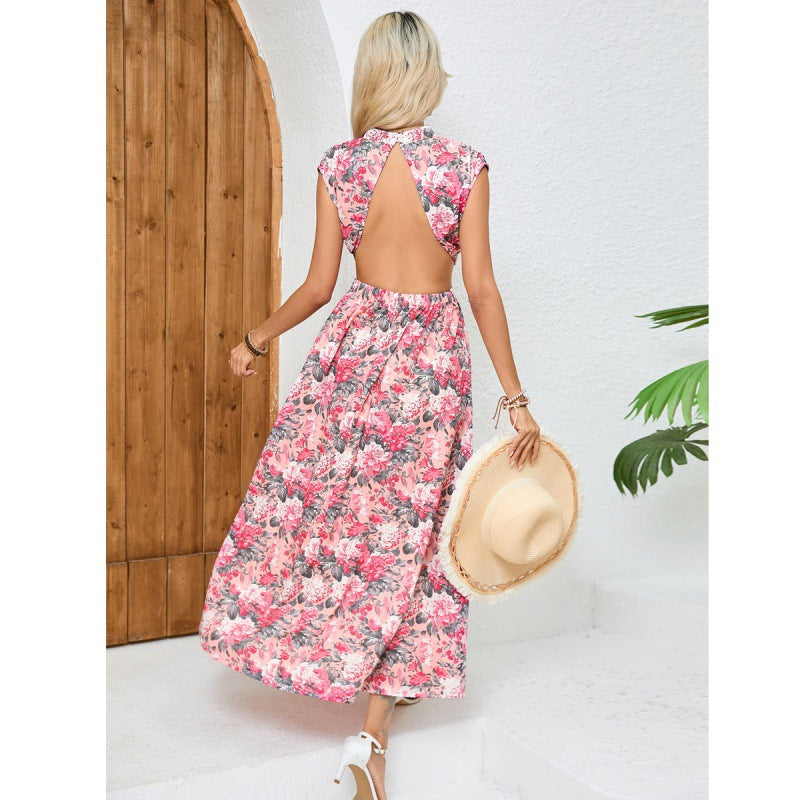 Women’s Sleeveless Dress – Slim Fit Wrap – Floral Print – Open Back – Breathable Blend