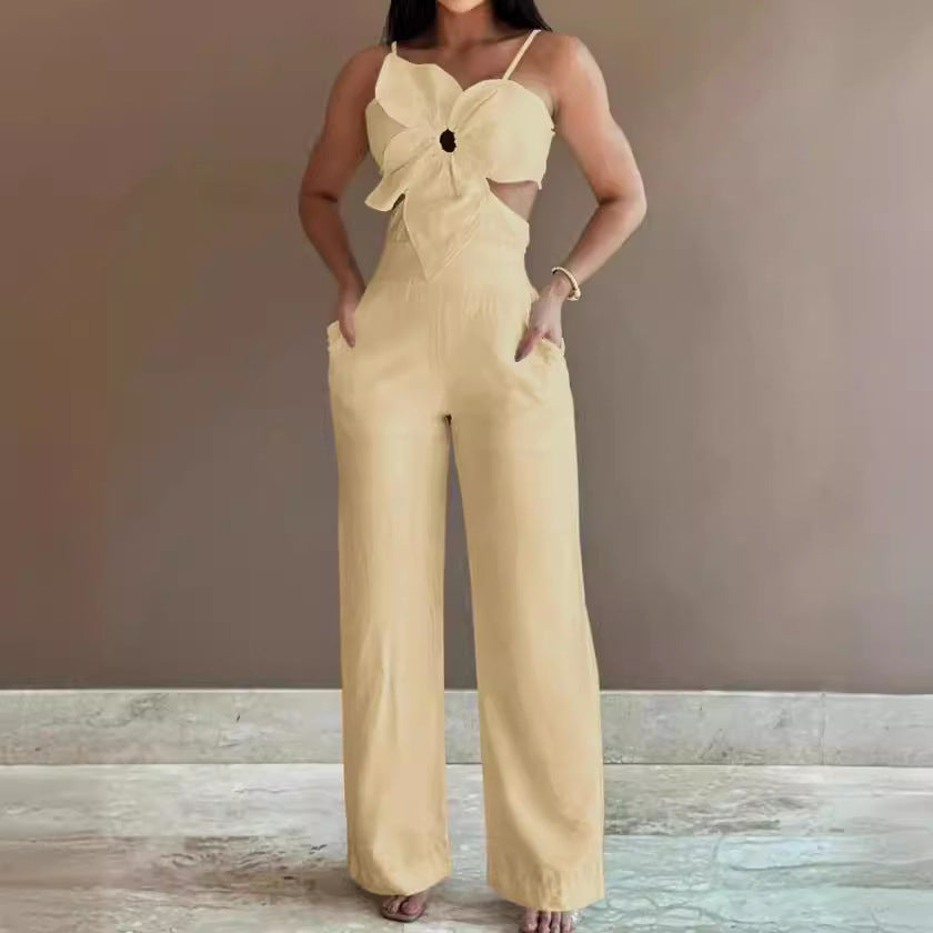 Women’s Jumpsuit – Fitted Bodice – Wide Leg – Backless – Bow Front – Cut-Out Detail