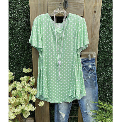 Women’s Tunic Top – Relaxed Fit – Short Sleeve – Polka Dot – Breathable Blend