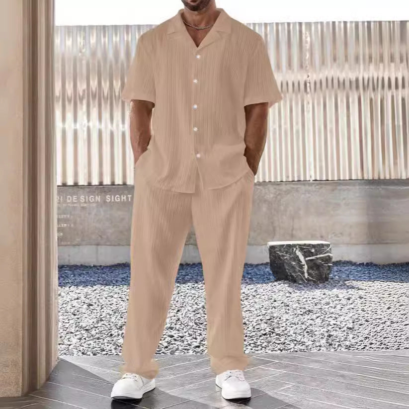 Men’s Casual Suit Set – Relaxed Fit – Short Sleeve Shirt & Trousers